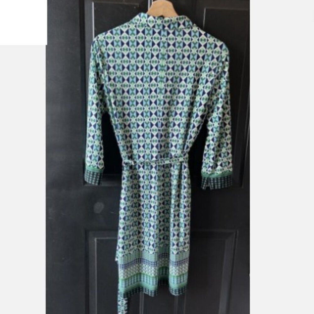 DONNA MORGAN Work Dress Green/Blue Print Collar Summer Stretch 3/4 Sleeve Size 8 - Picture 2 of 6